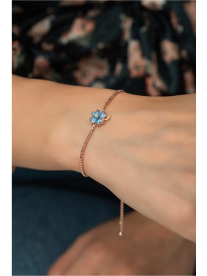 Normadia 925 Ayar Gümüş Yonca Bileklik, Aquamarin Taşlı, Şık ve Zarif Takı