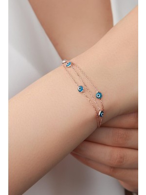 Normadia Gümüş Rose Mavi Nazar Boncuklu Üç Zincirli Bileklik