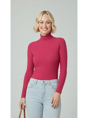 Kadın Tam Boğazlı Fitilli Likrali Kaşkorse Badi Ince Uzun Kollu Kazak - Pembe