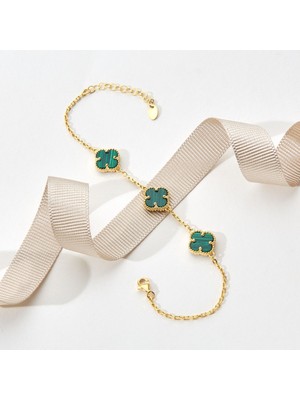 Normadia Şık 925 Ayar Sarı Altın Kaplama Yeşil Sedef Taşlı Üçlü Yonca Bileklik