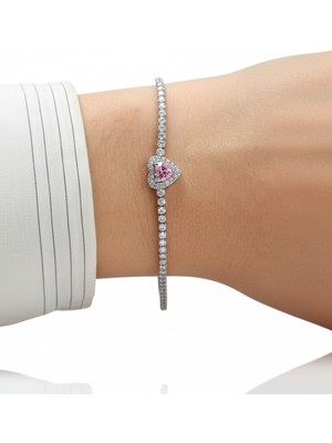 Normadia 925 Ayar Gümüş Pembe Kalpli Pırlanta Su Yolu Bileklik