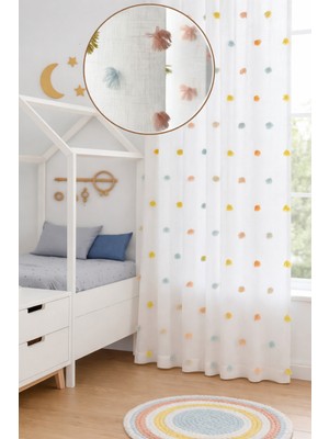 The Rose Perla Renkli Püsküllü Tül Perde, Çocuk Odası, Unisex, Sık Pile