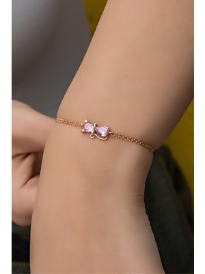 Normadia 925 Ayar Gümüş Pembe Taşlı Kedi Bileklik