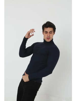 Erkek Kaşkorse Boğazlı Full Likralı Fitilli Body Kazak - Siyah