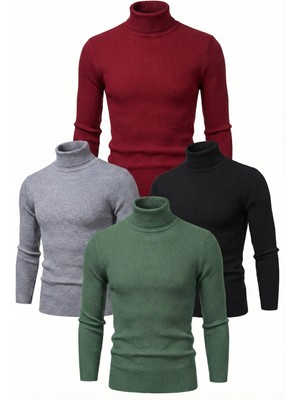 4'lü Siyah, Bordo, Gri, Haki Unisex Kaşkorse Boğazlı Full Likralı Fitilli Body Kazak