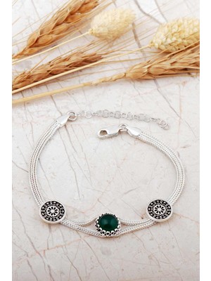 Normadia Yeşil Akik Taşlı Anadolu Motifli Gümüş Bileklik