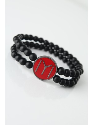 Zemira Home Bordo Renkli Metal Üzerine Füme Kayı Boyu Figürlü Siyah Renk Çift Sıra Doğal Taş Erkek Bileklik