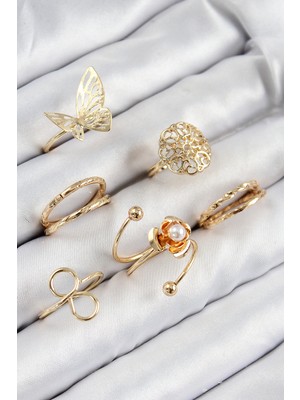 Nehir Pirinç Gül Kelebek Model Gümüş Renk Kadın Yüzük Kombin Set