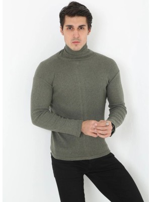 Erkek Kaşkorse Boğazlı Full Likralı Fitilli Body Kazak - Haki