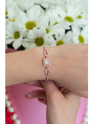 Normadia Şık Rose Gold 925 Ayar Kelepçe, Tektaş Detaylı Kadın Bileklik