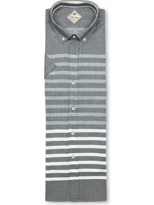 Eren Style Slim Fit Pamuklu Çizgili Pano Desen Kısa Kollu Gömlek (Slim Fit Kalıp)