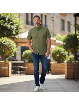 Eren Style Slim Fit Pamuklu Kısa Kollu Yaka Gizli Düğme Gömlek (Slim Fit Kalıp)