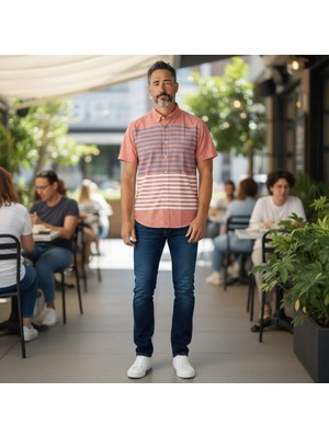 Eren Style Slim Fit Pamuklu Çizgili Pano Desen Kısa Kollu Gömlek (Slim Fit Kalıp)