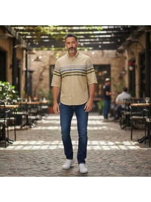 Eren Style Slim Fit Pamuklu Çizgili Pano Desen Kısa Kollu Gömlek (Slim Fit Kalıp)