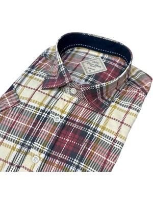Eren Style Slim Fit Pamuklu Ekose Kısa Kollu Tek Cepli Yakası Gizli Düğme Gömlek (Slim Fit Kalıp)