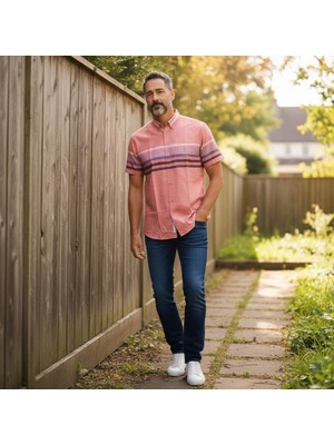 Eren Style Slim Fit Pamuklu Çizgili Pano Desen Kısa Kollu Gömlek (Slim Fit Kalıp)