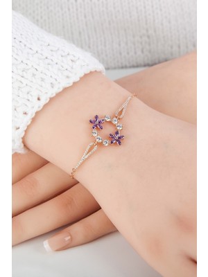 Normadia Ametist Taşlı Unutma Beni Çiçeği Rose Bileklik, Zarif 925 Ayar Gümüş