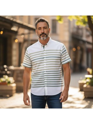 Eren Style Slim Fit Pamuklu Çizgili Pano Desen Kısa Kollu Gömlek (Slim Fit Kalıp)