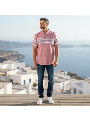 Eren Style Slim Fit Pamuklu Çizgili Pano Desen Kısa Kollu Gömlek (Slim Fit Kalıp)