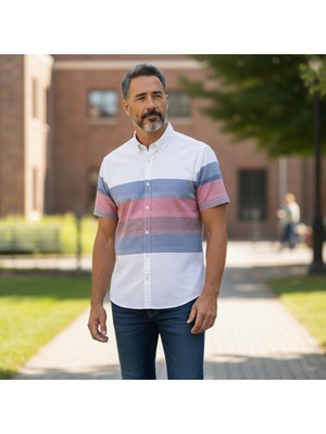 Eren Style Slim Fit Pamuklu Çizgili Pano Desen Kısa Kollu Gömlek (Slim Fit Kalıp)