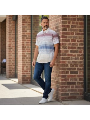 Eren Style Slim Fit Pamuklu Çizgili Pano Desen Kısa Kollu Gömlek (Slim Fit Kalıp)