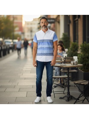 Eren Style Slim Fit Pamuklu Çizgili Pano Desen Kısa Kollu Gömlek (Slim Fit Kalıp)