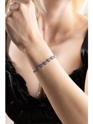 Normadia 925 Ayar Gümüş Nazar Bileklik, Rodyum Kaplama, Asansörlü, Sıralı Tasarım