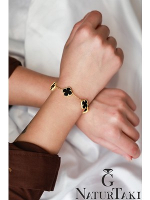 Normadia Siyah Oniks ve Yonca Taşlı Altın Kaplama Gümüş Bileklik Erkek ve Kadın Için