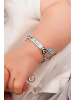 Normadia 925 Ayar Gümüş Rodyum Kaplama Nazar Boncuklu Erkek Bebek Künyesi