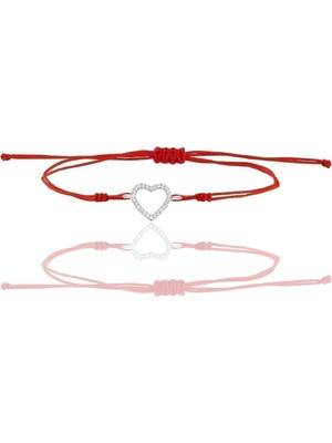 Normadia Kırmızı Ipli Gümüş Rodyumlu Zirkon Taşlı Kalp Bileklik
