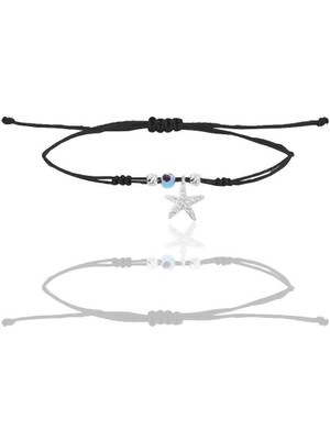 Normadia Şans Bileklik, Gümüş Rodyumlu Zirkon Taşlı Deniz Yıldızı Siyah Ip