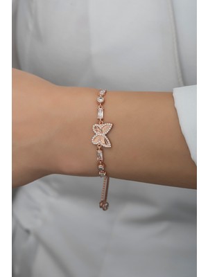 Normadia 925 Ayar Gümüş Rose Kelebek Bileklik, Asansörlü, Baget Taşlı