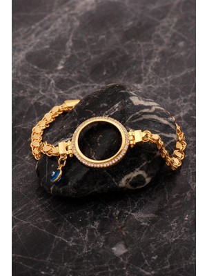 Normadia Şık Çeyrek Çerçeveli Nazar Boncuklu Altın Kaplama Pullu Zincir Bileklik