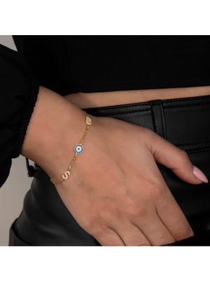 Normadia 925 Ayar Gold Renk Kadın Baş Harfli Nazarlı Gümüş Bileklik