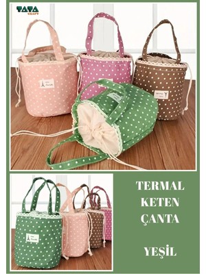 Özbience Yeşil Keten Puantiyeli Termal Yemek Çantası - Ofis ve Okul Için El Çantası