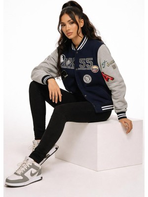 Libreprive Unisex Spor Mont Oversize Lacivert Kolej Ceketi 4 Mevsimlik Desenli