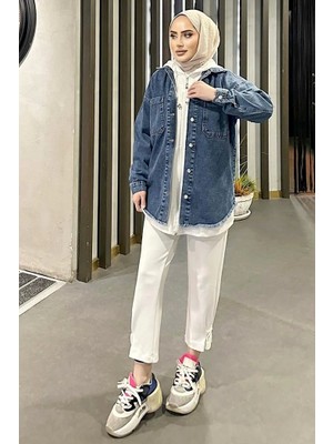 Getittir Koyu Mavi Kar Yıkama Püskül Detay Kot Ceket Oversize ( Lisinya )
