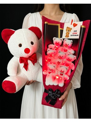 Lenostra Sevgiliye Hediye 35 Cm Beyaz Ayıcık ve 8 Ayıcıklı Kırmızı Işıklı Ayıcık Buketi - Romantik Hediye