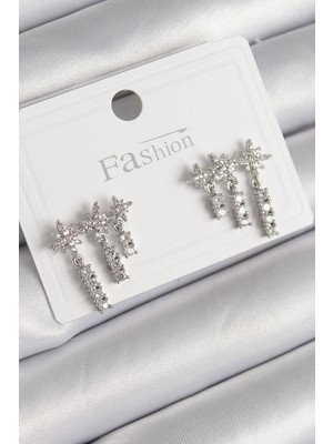 Getittir Pirinç Gümüş Renk Zirkon Taşlı 3'lü Sallantı Yıldız Model Kadın Küpe - Lisinya