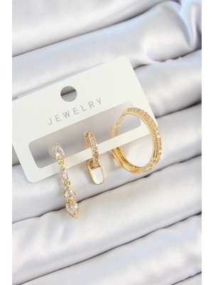Getittir Pirinç Zirkon Taşlı Sallantılı Model Gold Renk 3'lü Çift Kadın Küpe Set - Lisinya