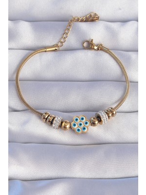 Getittir 316L Çelik Gold Renk Zirkon Taşlı Nazarlı Çiçek Tasarımlı Bileklik - Lisinya