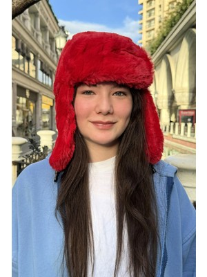 Mollycrush Uniseks Kırmızı Peluş Pilot Şapka Kulaklıklı Kışlık Ushanka Model