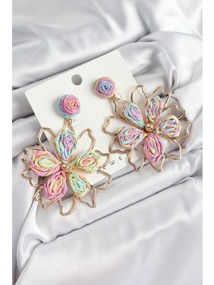 Getittir Pirinç Rainbow Çiçek Model Gold Renk Kadın Hasır Küpe - Lisinya