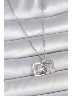 Getittir 316L Çelik Gümüş Renk Zincir Zirkon Taşlı Incili Açılır Elmas Model Kadın Kolye - Lisinya