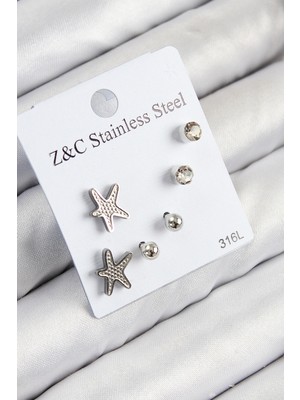 Getittir 316L Çelik Zirkon Taşlı Deniz Yıldızı Model Gümüş Renk Kadın Set Küpe - Lisinya