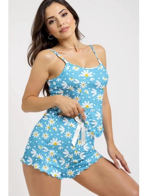 Getittir Papatya Baskılı Mavi Askılı Şortlu Pijama Takımı