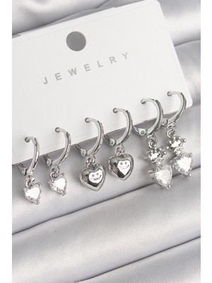 Getittir Pirinç Gümüş Renk Sallantı Zirkon Taşlı Kalp Model Taç Detay Kadın Küpe Seti - Lisinya