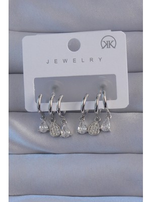 Getittir Pirinç Gümüş Renk Zirkon Taşlı Damla Model Çoklu Görünüm Yarım Halka Küpe - Lisinya