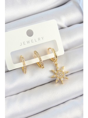 Getittir Pirinç Zirkon Taşlı Kutup Yıldızı Model Gold Renk 3'lü Çift Kadın Küpe Set - Lisinya