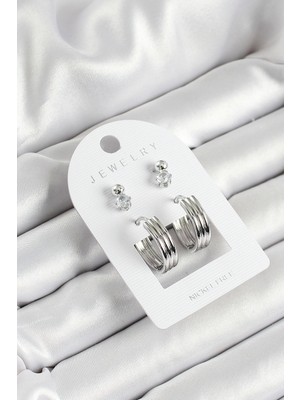 Getittir Pirinç Zirkon Taş ve Halka Figürlü Gümüş Renk 3'lü Çift Kadın Küpe Set - Lisinya